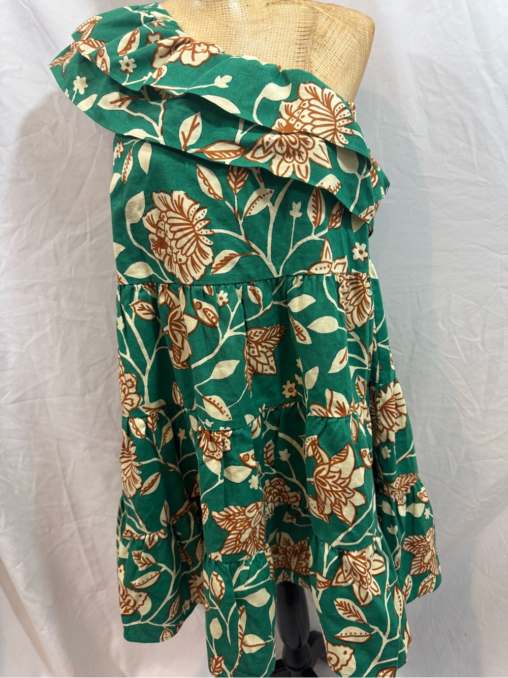 Sezane Green One-Shoulder Floral Ruffle Dress 40